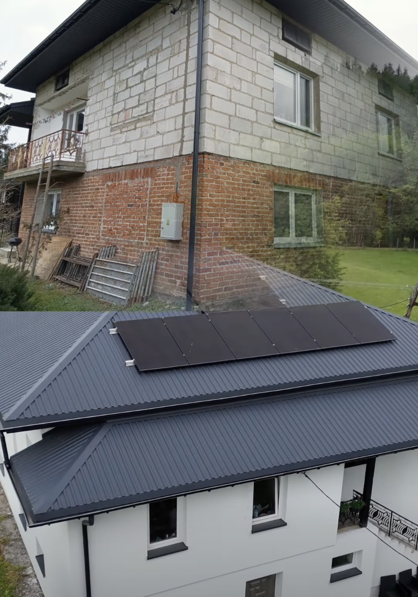 Dom przed termomodernizacją i po niej — nowy dach z instalacją fotowoltaiczną, realizacja w Izdebkach
